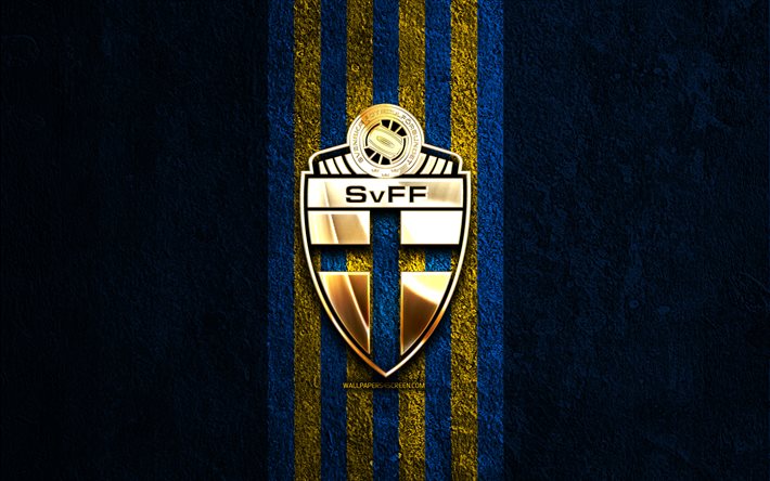 logotipo dourado da seleção sueca de futebol, 4k, fundo de pedra azul, uefa, seleções nacionais, logo da seleção sueca de futebol, futebol, time de futebol sueco, seleção sueca de futebol