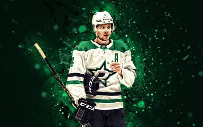 Miro Heiskanen, 4k, green neon lights, Dallas Stars, NHL, hockey, Miro Heiskanen 4K, green abstract background, Miro Heiskanen Dallas Stars