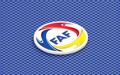 4k, logotipo isométrico del equipo nacional de fútbol de andorra, arte 3d, arte isometrico, selección de fútbol de andorra, fondo azul, andorra, fútbol, emblema isométrico