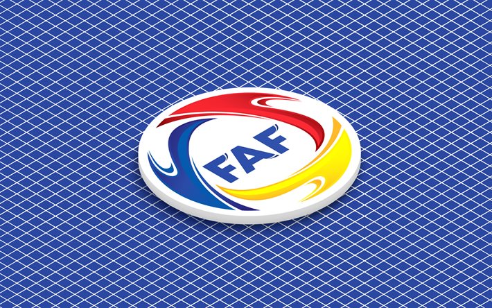 4k, logo isometrico della nazionale di calcio di andorra, arte 3d, arte isometrica, nazionale di calcio dell'andorra, sfondo blu, andorra, calcio, emblema isometrico