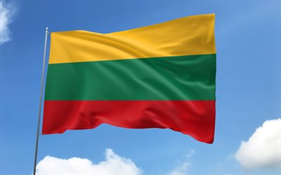Lithuania flag on flagpole, 4K, European countries, blue sky, flag of Lithuania, wavy satin flags, Lithuanian flag, Lithuanian national symbols, flagpole with flags, Day of Lithuania, Europe, Lithuania flag, Lithuania