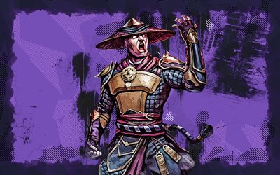 raiden, 4k, grunge konst, mortal kombat mobile, kreativ, mkm, dödlig strid, mk mobile, violett grunge bakgrund, dödlig strid x, raiden mortal kombat