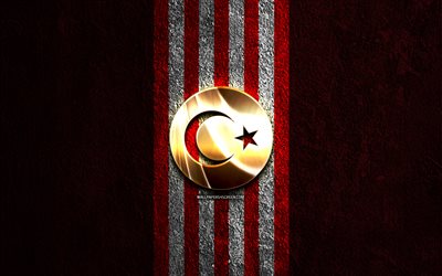 Turkey national football team golden logo, 4k, red stone background, UEFA, national teams, Turkey national football team logo, soccer, Turkish football team, football, Turkey national football team