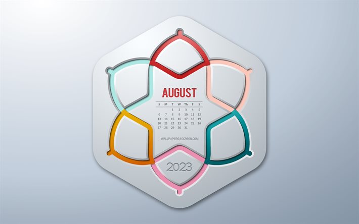 4k, calendario agosto 2023, arte infográfico, agosto, calendario infografia creativa, 2023 conceptos, elementos infograficos