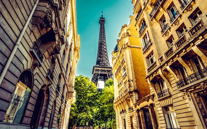4k, 파리, 에펠탑, 아래에서 보는 풍경, 파리 랜드마크, 도시 블록, 시가, 파리의 풍경, 여름, 저녁, 일몰, 프랑스