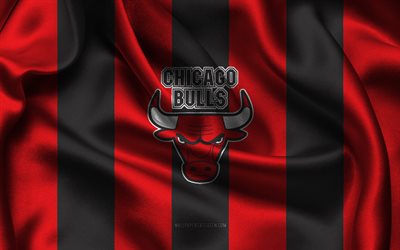 4k, chicago bulls logosu, kırmızı siyah ipek kumaş, amerikan basketbol takımı, chicago bulls amblemi, nba, chicago bulls, amerika birleşik devletleri, basketbol, chicago bulls bayrağı