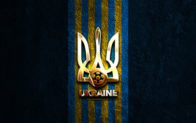 logo doré de l'équipe nationale de football d'ukraine, 4k, fond de pierre bleue, uefa, équipes nationales, logo de l'équipe nationale ukrainienne de football, football, équipe d'ukraine de football