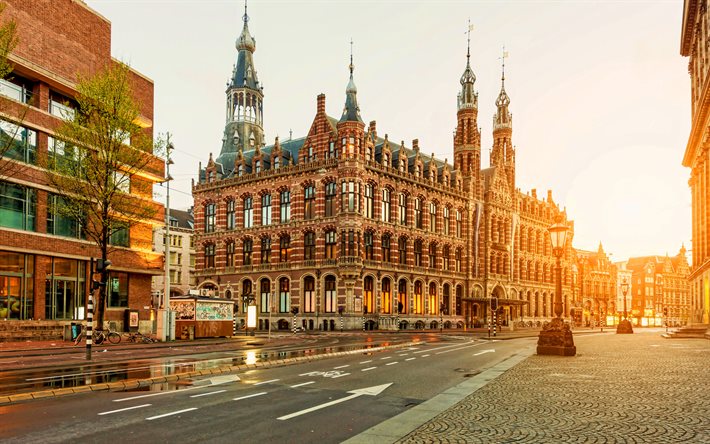 Magna Plaza, 4k, dutch cities, sunset, cityscapes, Amsterdam, Netherlands, Europe, Amsterdam panorama, Amsterdam cityscape