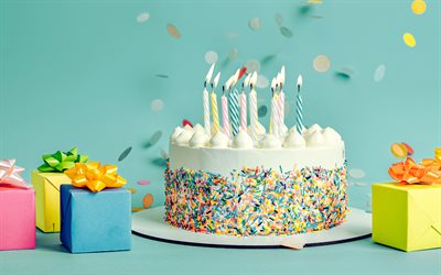 Birthday cake with candles, 4k, Birthday background, Birthday gifts, Birthday greeting card template, Happy Birthday, Birthday cake, burning candles