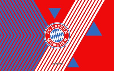 fc bayern münih logosu, 4k, alman futbol takımı, kırmızı beyaz çizgiler arka plan, fc bayern münih, bundesliga, almanya, hat sanatı, fc bayern münih amblemi, futbol, bayern münih