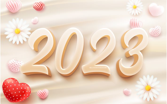 4k, bonne année 2023, fond ondulé de sable, fleurs 3d, concepts 2023, coeurs 3d, art 3d, créatif, fond de sable 2023, 2023 année, 2023 chiffres 3d