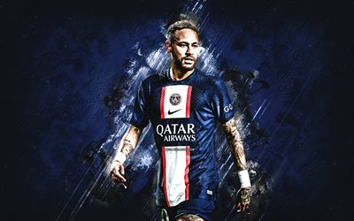 Neymar, PSG, portrait, world football star, brazilian football player, Paris Saint-Germain, blue stone background, grunge art, football, France, PSG football players