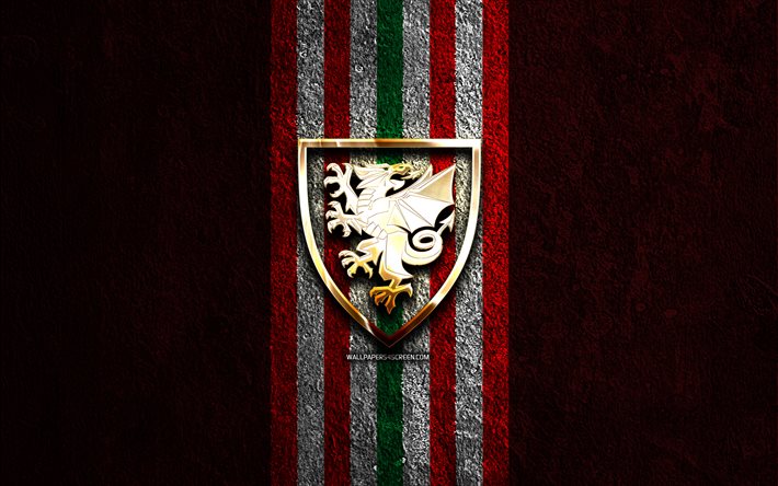 walesin jalkapallomaajoukkueen kultainen logo, 4k, punainen kivi tausta, uefa, maajoukkueet, walesin jalkapallomaajoukkueen logo, jalkapallo, walesin jalkapallojoukkue, walesin jalkapallomaajoukkue