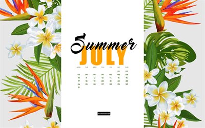 4k, 2023年7月のカレンダー, 花の水彩画の夏の背景, 2023年夏カレンダー, 水彩の熱帯植物, 2023年のコンセプト, 7月, 夏の背景