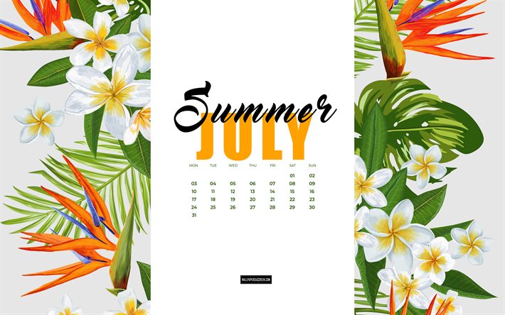 4k, julikalendern 2023, blommig akvarell sommar bakgrund, 2023 sommarkalendrar, akvarell tropiska växter, juli 2023 kalender, 2023 koncept, juli, sommar bakgrund