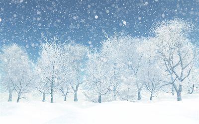talvinen maisema, luminen metsä, lumi, valkoisia puita, 3d talvi tausta, 3d lumiset puut, lumisade, talvi tausta