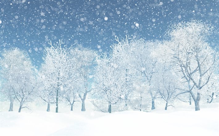 winter landscape, snowy forest, snow, white trees, 3d winter background, 3d snowy trees, snowfall, winter background