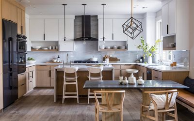 stylish kitchen interior design, light wooden kitchen furniture, idea for kitchen, black 3d metal kitchen chandelier, black chandelier cubes, dining room, modern interior design