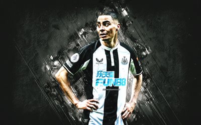 Miguel Almiron, Newcastle United FC, Paraguayan football player, midfielder, white stone background, Premier League, England, football, Newcastle United