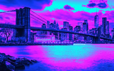 4k, Brooklyn Bridge, Cyberpunk, creative, New York City, Manhattan, american cities, skyscrapers, New York cityscape, USA, NYC, New York Cyberpunk
