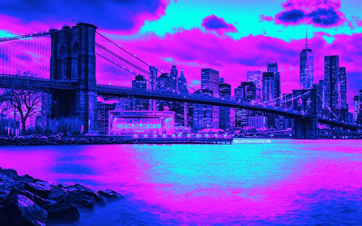 4k, ponte di brooklyn, cyberpunk, creativo, città di new york, manhattan, città americane, grattacieli, paesaggio urbano di new york, stati uniti d'america, new york, cyberpunk di new york