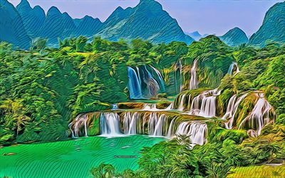 4k, förbjud gioc falls, vektor konst, vattenfall, cao bang, vattenfallsritningar, natur vektor ritningar, vietnam