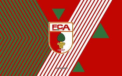 logo do fc augsburg, 4k, time de futebol alemão, fundo de linhas verdes vermelhas, fc augsburg, bundesliga, alemanha, arte de linha, emblema do fc augsburg, futebol