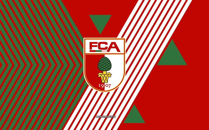 logo du fc augsbourg, 4k, équipe allemande de football, fond de lignes vertes rouges, fc augsbourg, bundesliga, allemagne, dessin au trait, emblème du fc augsbourg, football