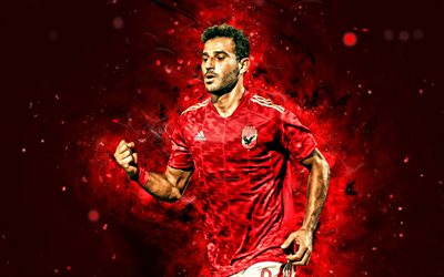 Hamdi Fathi, 4k, red neon lights, Al Ahly SC, Egyptian Premier League, Egyptian footballers, Hamdi Fathi 4K, red abstract background, football, Hamdi Fathi Al Ahly SC