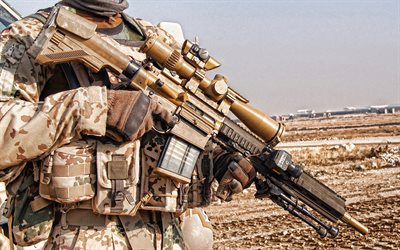 heckler koch hk g28, rifle de francotirador alemán, g28, rifles modernos, rifles de francotirador, heckler koch g28, camuflaje de arena, camuflaje del desierto