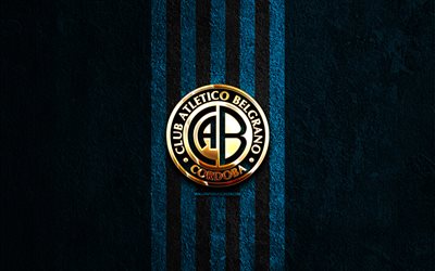 goldenes ca belgrano logo, 4k, hintergrund aus blauem stein, liga professional, argentinischer fußballverein, ca belgrano logo, fußball, ca belgrano emblem, club atlético belgrano, ca belgrano, belgrano fc