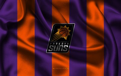 4k, logotipo de los soles de fénix, tela de seda naranja púrpura, equipo de baloncesto americano, emblema de los phoenix suns, nba, soles fénix, eeuu, baloncesto, bandera de los soles de fénix