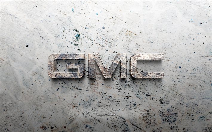 gmc steinlogo, 4k, steinhintergrund, gmc 3d logo, automarken, kreativ, gmc logo, grunge kunst, gmc