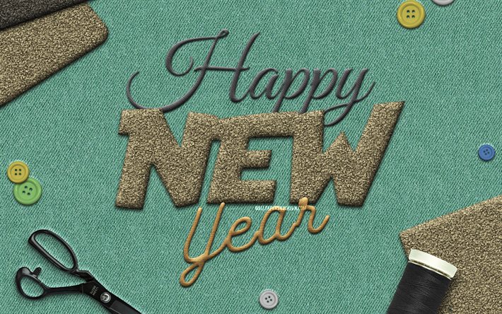 Happy New Year, 4k, fabric backgrounds, embroidery, NY concepts, creative, Happy New Year art