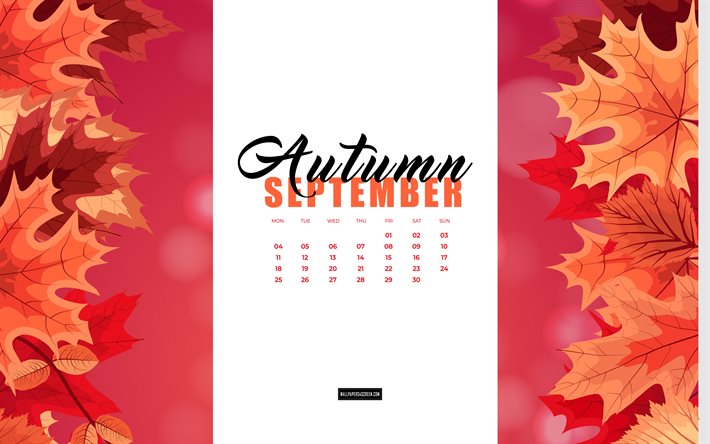 4k, calendário setembro 2023, folhas de outono fundo aquarela, calendários de outono 2023, aquarela folhas vermelhas, calendário de setembro de 2023, 2023 conceitos, setembro, fundo de outono
