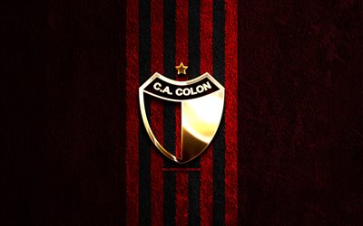 CA Colon golden logo, 4k, red stone background, Liga Profesional, argentine football club, CA Colon logo, soccer, CA Colon emblem, Club Atletico Colon, CA Colon, football, Colon FC