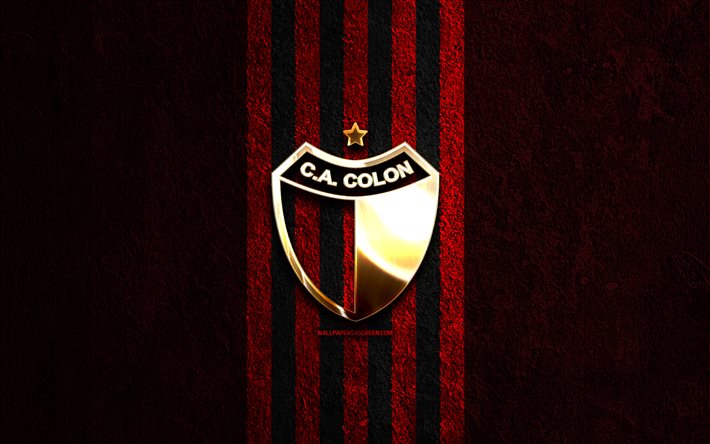 caコロンの金色のロゴ, 4k, 赤い石の背景, リーガプロフェッショナル, アルゼンチン サッカー クラブ, caコロンのロゴ, サッカー, caコロンのエンブレム, クラブ アトレティコ コロン, caコロン, フットボール, コロンfc