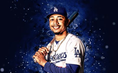 mookie betts, 4k, mavi neon işıklar, los angeles dodgers, mlb, amerikan beyzbol oyuncuları, mookie betts 4k, beyzbol, major league beyzbol, markus lynn betts, mookie, la dodgers, mookie betts dodgers