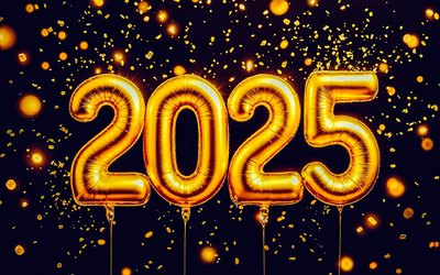 2025 Happy New Year, Golden Balloons, Black Background, 2025 Concepts, Happy New Year 2025, 2025 Balloons Background, 2025 Greeting Card
