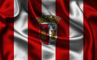 4k, sc braga logo, rot weiß seidenstoff, portugiesisches fußballmannschaft, sc braga emblem, primeeira liga, sc braga, portugal, fußball, sc braga flag