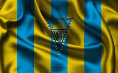4k, estoril praia logo, blau gelber seidenstoff, portugiesisches fußballmannschaft, estoril praia emblem, primeeira liga, estoril praia, portugal, fußball, estoril praia flag