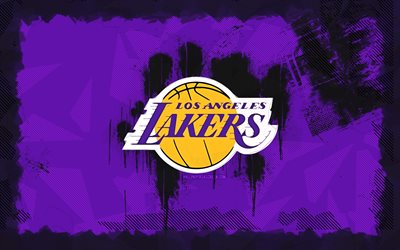 los angeles lakers grunge logosu, 4k, nba, violet grunge arka plan, basketbol, los angeles lakers amblemi, los angeles lakers logosu, amerikan basketbol takımı, los angeles lakers, la lakers