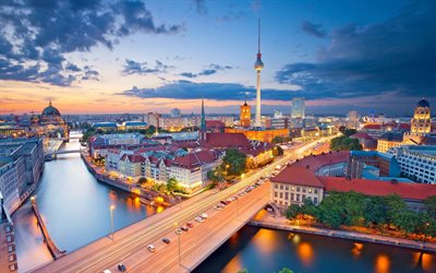 ciudad de noche, puesta de sol, Berlín, Alemania, el puente de