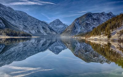 아름다운 호수, 산, 봄, 눈, lake plansee, tirol, 오스트리아, alp