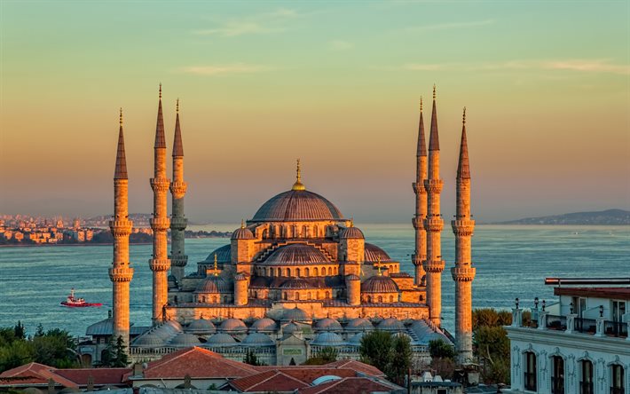 ブルーモスクがあります。, イスタンブール, 夕日, トルコ, 寺, アフメット
