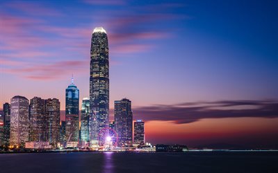 국제 상업 4k, 센터, icc, 빅토리아 항구, 고층 빌딩, 중국 도시, 일몰, 홍콩, 중국, 아시아 사람, 홍콩 파노라마, 스카이 라인 도시