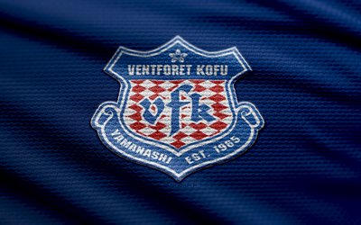 ventforet kofu kumaş logosu, 4k, mavi kumaş arka plan, j2 ligi, bokh, futbol, ventforet kofu logosu, ventforet kofu amblemi, ventforet kofu, japon futbol kulübü, ventforet kofu fc