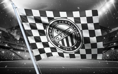 4k, logo operario ferroviario, club di calcio brasiliano, flag di stadio, bandiera dei fan di operario ferroviario, bandiera nera bianca, emblema operario ferroviario, serie brasiliana b, brasile, operario pr, calcio, operario ferroviario, logo operario