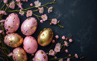 4k, huevos de pascua rosados, flores de primavera rosa, felices pascuas, disminución de la pascua, antecedentes con huevos de pascua, flor de cerezo, pascua de resurrección
