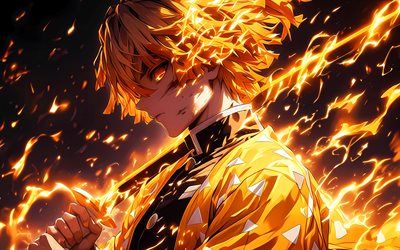 zenitsu agatsuma, 4k, 戦士, kimetsu no yaiba, 火の炎, 漫画, 剣, 主人公, 照明, アートワーク, 鬼滅の刃, ゼニツ, zenitsu agatsuma kimetsu no yaiba
